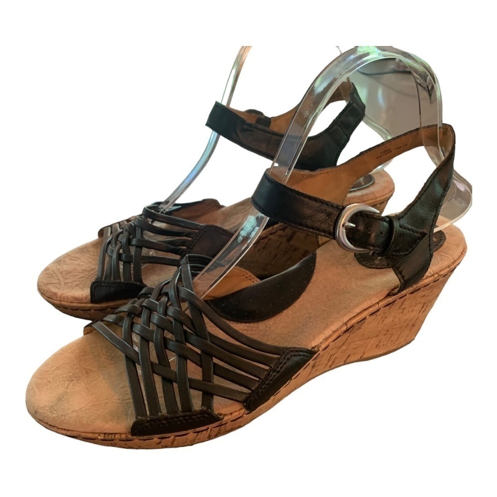 b.o.c. sz 10 Black Vegan Cork Wedge Espadrille Strappy Open Toe Sandals Women's